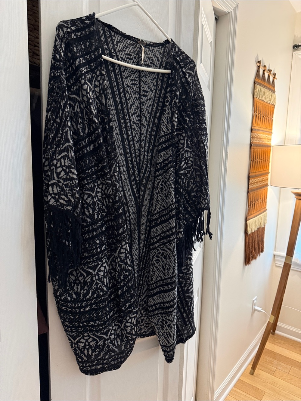 Free People Black and Gray Fringe Kimono